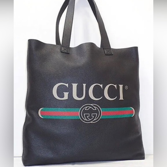 Gucci Logo Print Leather Tote Bag in Black Unisex - Picture 2 of 13